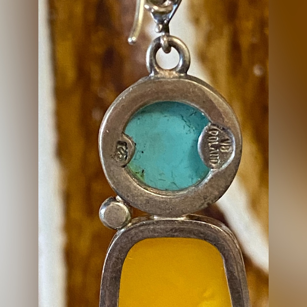 Vintage Turquoise and Butterscotch Amber Sterling Earrings - Picture 6 of 9